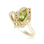 Anello in Argento 925 Dorato con Oro Fino Stile Art Nouveau, Peridoto e Marcasite