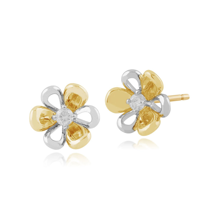 Orecchini con diamanti, borchie con diamanti floreali in oro giallo da 9 ct da 0,06 ct