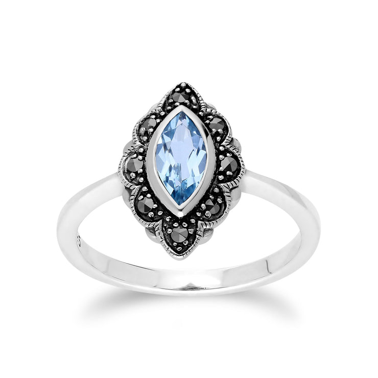 Anello Gemondo con topazio blu, anello in argento sterling con topazio blu e marcasite in stile Art Nouveau - TOPAZIO