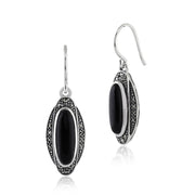 Orecchini pendenti in stile Art Déco in argento 925 con cabochon ovale in onice nero e marcasite