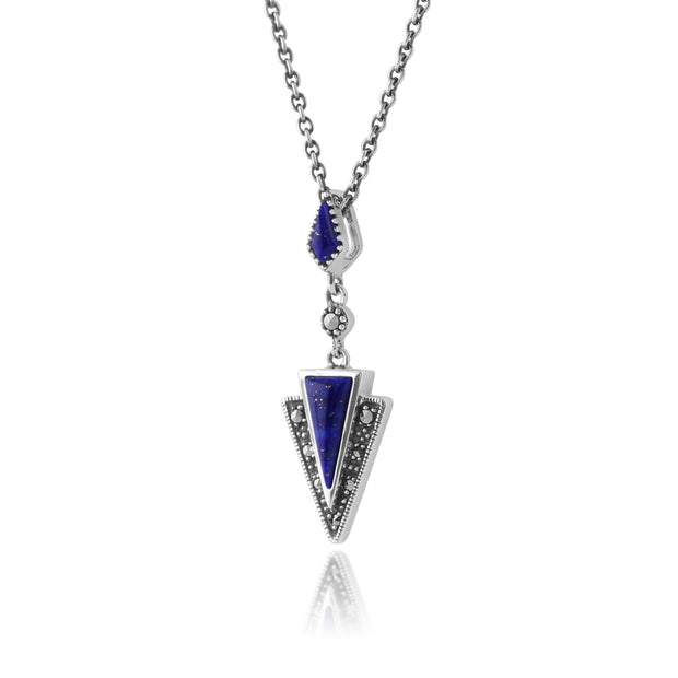 Collana e orecchini con pendente a triangolo in stile Art Déco, argento 925, lapislazzuli e marcasite