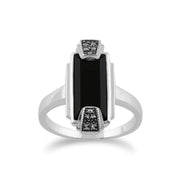 Anello Art Déco Gemondo, anello Art Déco in argento sterling 925 con onice nero e marcasite