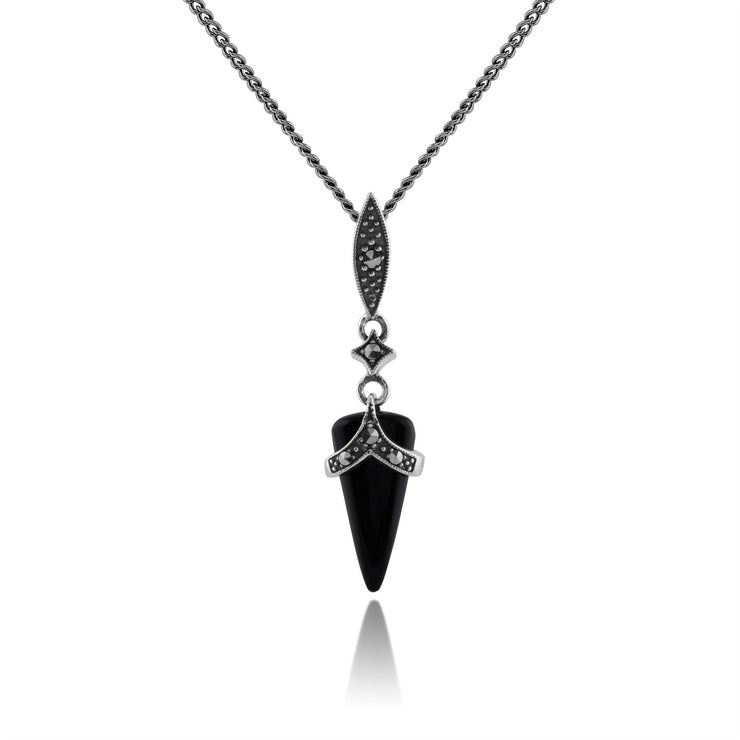 Orecchini pendenti e pendenti in stile Art Déco in argento 925 con onice nero e marcasite