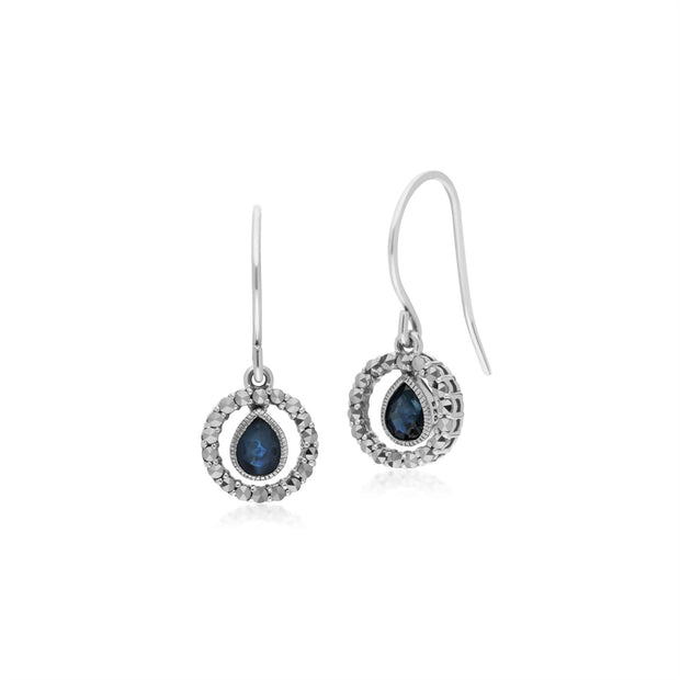 Orecchini pendenti in argento sterling con gocce d'acqua, zaffiri e marcasite rotondi