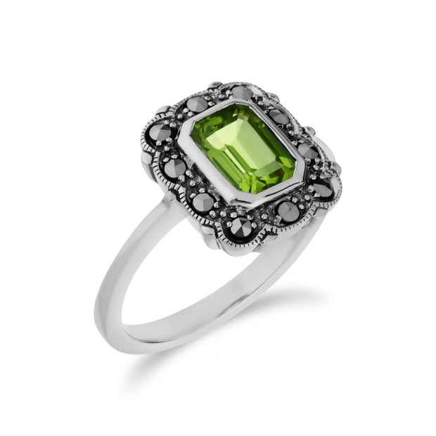 Anello in stile Art Nouveau in argento sterling con peridoto ottagonale e marcasite