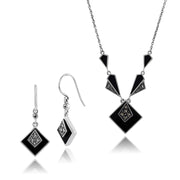 Collana e orecchini con pendente quadrato in stile Art Déco, argento 925, cabochon di onice nero e marcasite
