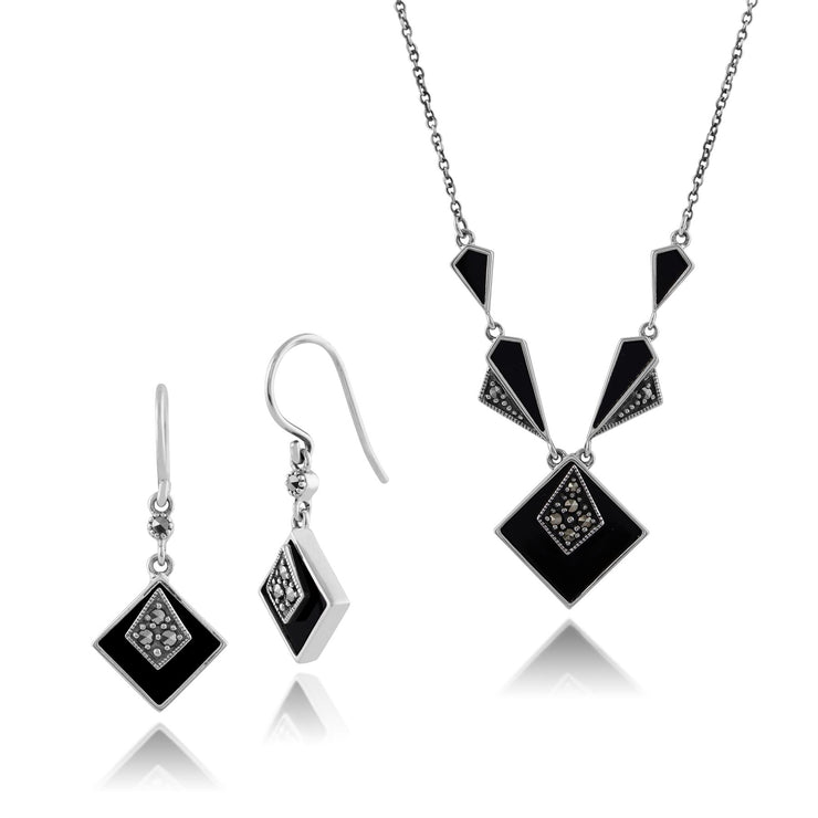 Collana e orecchini con pendente quadrato in stile Art Déco, argento 925, cabochon di onice nero e marcasite