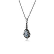 Ciondolo foglia in stile Art Nouveau in argento 925 con topazio azzurro pera e marcasite