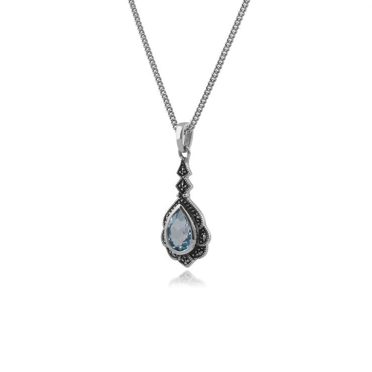 Ciondolo foglia in stile Art Nouveau in argento 925 con topazio azzurro pera e marcasite