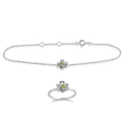 Bracciale e anello Margherita stile floreale in argento 925 con peridoto rotondo