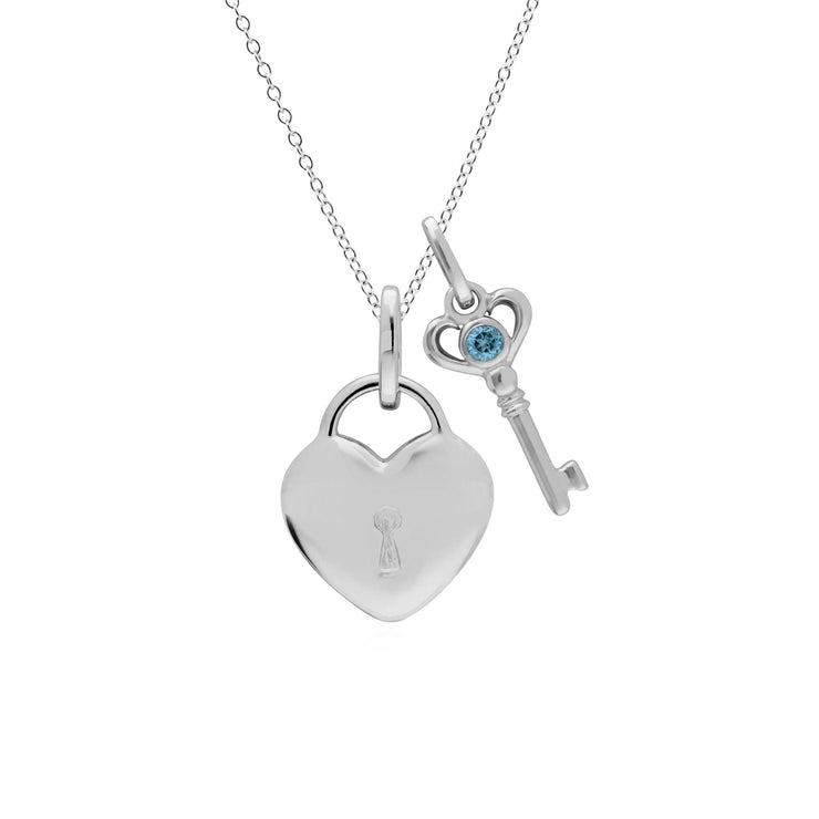 Classico ciondolo con lucchetto a cuore in argento 925 e ciondoli chiave con topazio blu