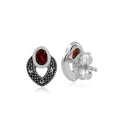 Orecchini a lobo in stile Srt Deco in argento 925 con granato ovale e marcasite