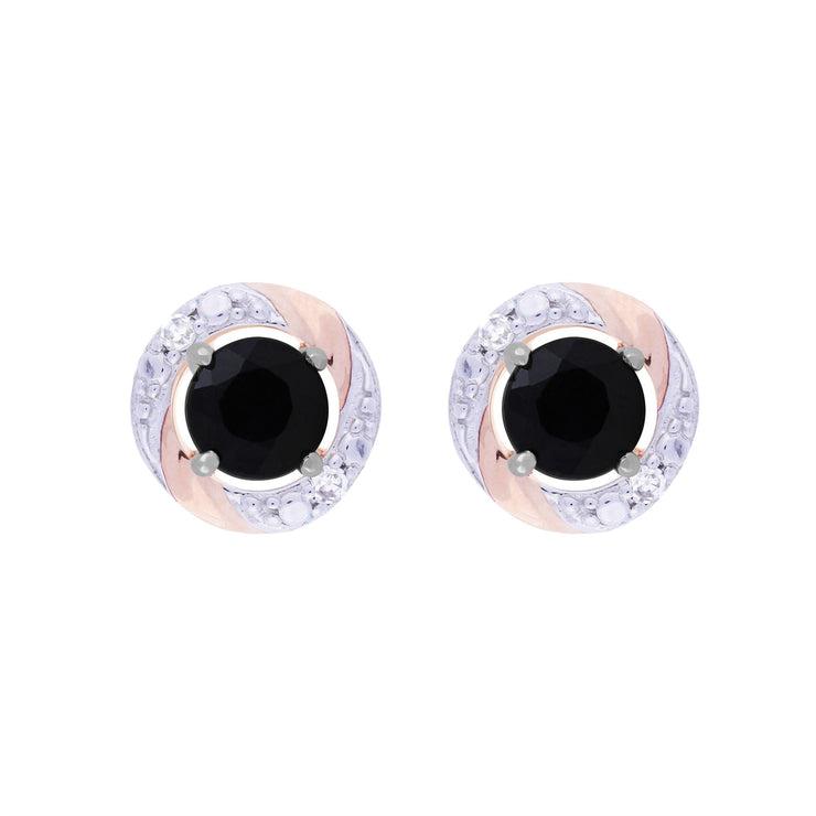 Orecchini a lobo classici con zaffiro blu scuro in oro bianco 375 con diamanti e rivestimento per l'orecchio con diamanti rotondi