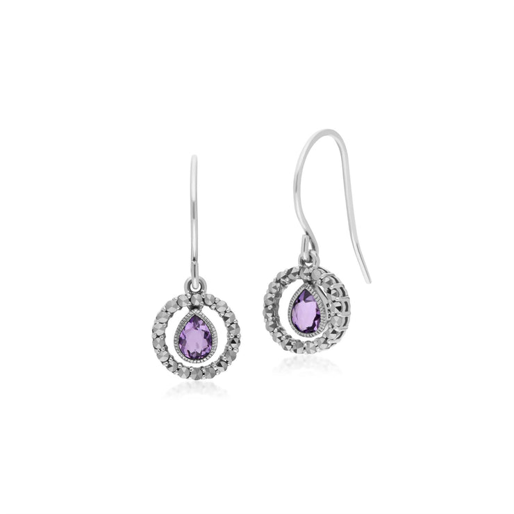 Orecchini pendenti in argento sterling con gocce d'acqua, ametista e marcasite rotonda