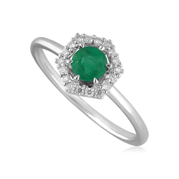Anello di fidanzamento Halo in oro bianco 375, smeraldo da 0,67 ct e diamante