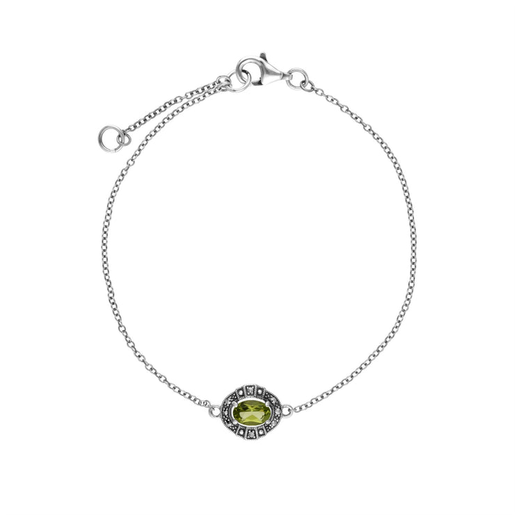 Bracciale in argento sterling con peridoto ovale e marcasite