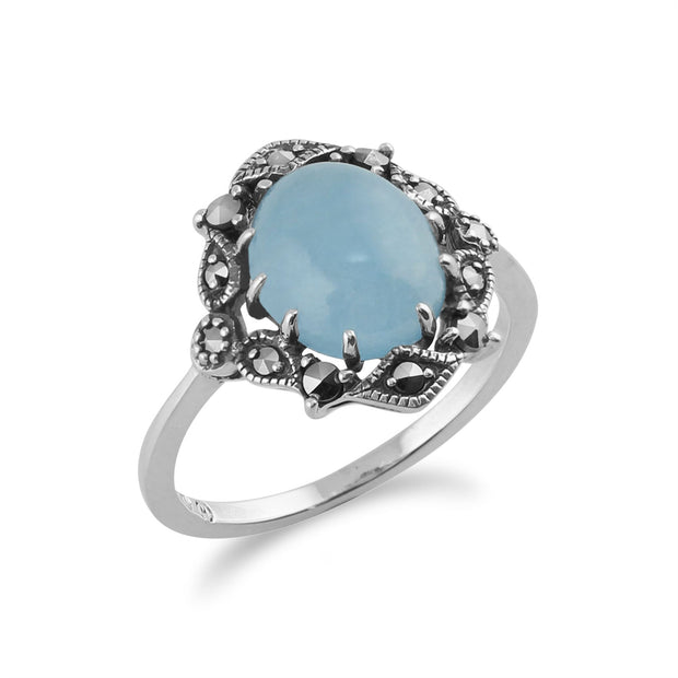 Anello Gemondo in argento 925 con giada blu e marcasite di ispirazione vintage in stile Art Nouveau