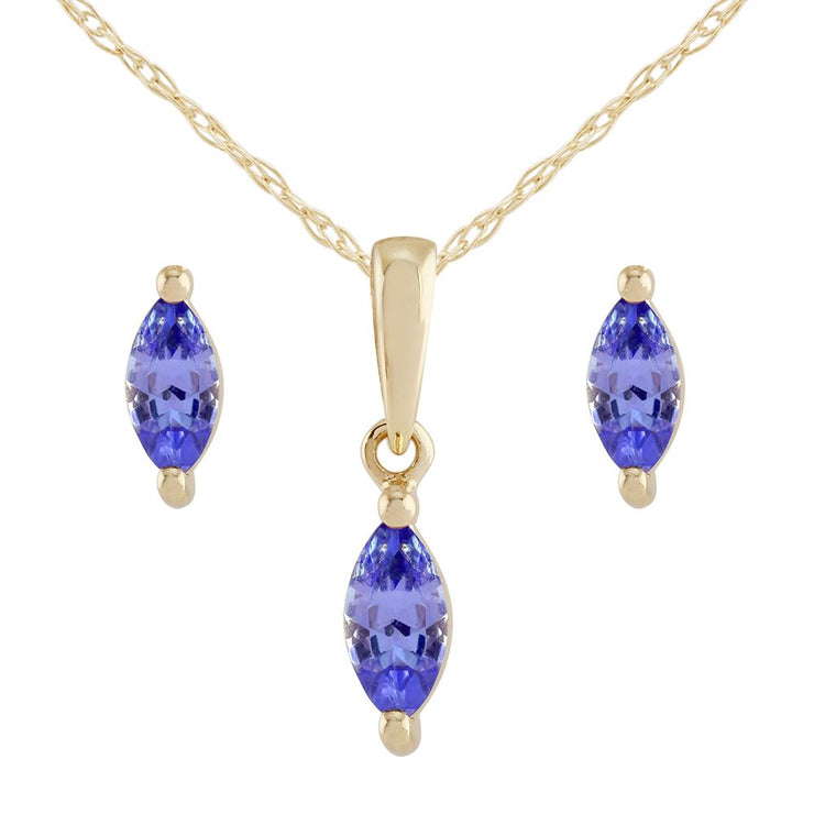 Classico pendente marquise in oro giallo 375 con tanzanite e orecchini a bottone