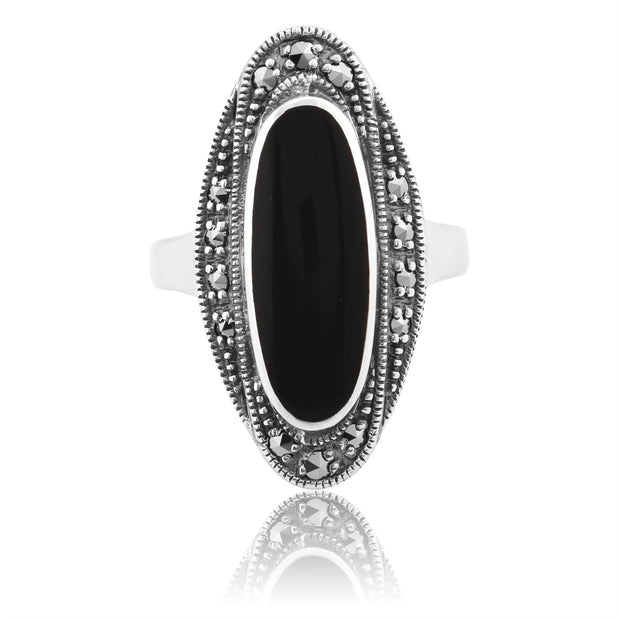 Anello in stile Art Deco Argento 925 con cabochon di onice nero e marcasite