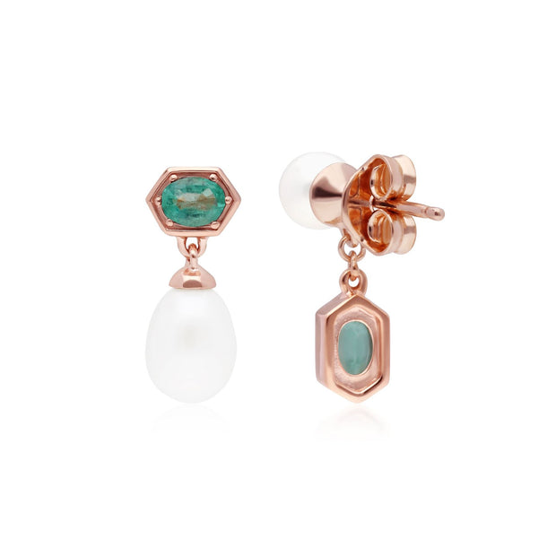 Orecchini asimmetrici di perle moderne in argento 925 dorato con perle in oro rosa pregiato e smeraldi
