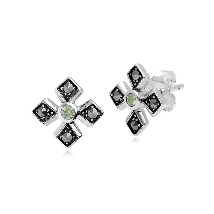 Orecchini a bottone con croce gotica in stile Art Déco in argento 925 con peridoto e marcasite