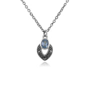 Collana e orecchini a bottone in stile Art Déco in argento 925 con topazio azzurro e marcasite