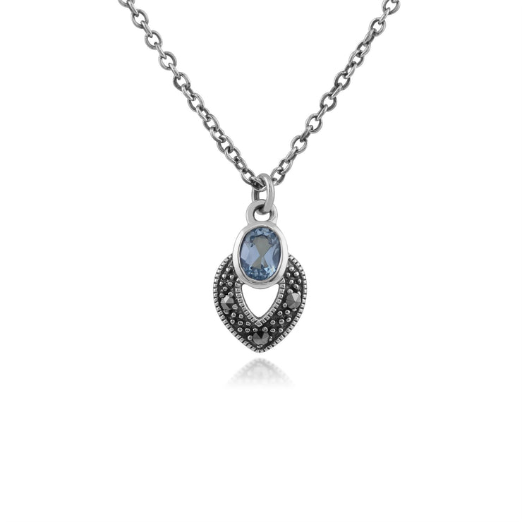 Collana e orecchini a bottone in stile Art Déco in argento 925 con topazio azzurro e marcasite