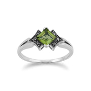 Anello in argento 925 in stile Art Déco con peridoto quadrato e marcasite