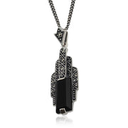 Collana in stile Art Déco in argento 925 con cabochon rotondo in onice nero e marcasite