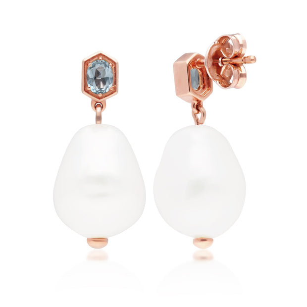 Orecchini pendenti con perle moderne Argento 925 placcato oro rosa Perla barocca e topazio azzurro