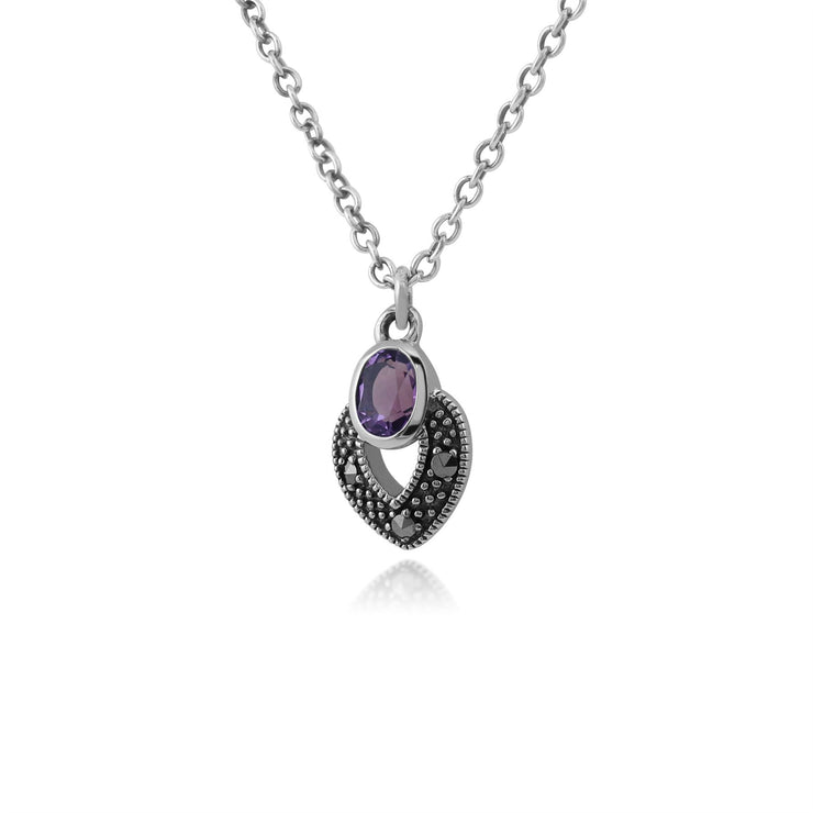 Collana in stile Art Déco Argento 925 ovale con ametista e marcasite