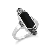 Anello Art Déco Gemondo, anello Art Déco in argento sterling 925 con onice nero e marcasite