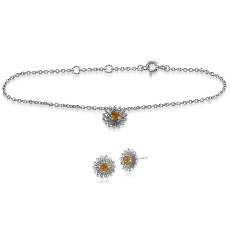 Bracciale e orecchini a bottone con margherita in stile floreale citrino rotondo in argento 925