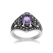 Anello Gemondo con ametista, anello in argento sterling con ametista e marcasite in stile Art Nouveau - Ametista
