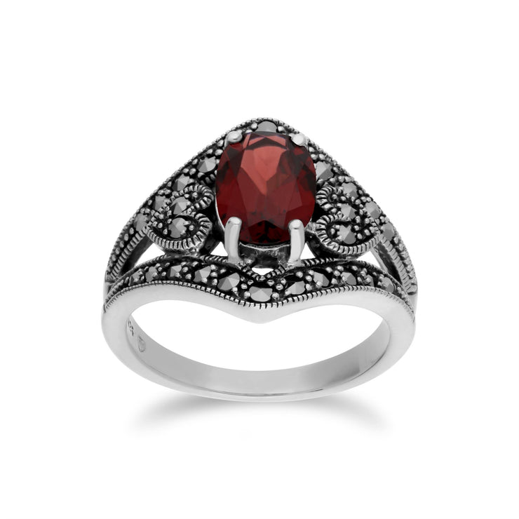 Anello Art Nouveau ovale con Granato e Marcasite in Argento Sterling - 