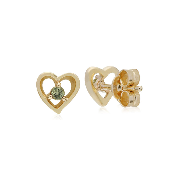 Orecchini con peridoto, orecchini a bottone con pietra singola a forma di cuore in oro giallo con peridoto da 9 ct
