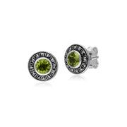 Orecchini a lobo e anello in stile Art Déco in argento 925 con peridoto e marcasite a grappolo rotondo