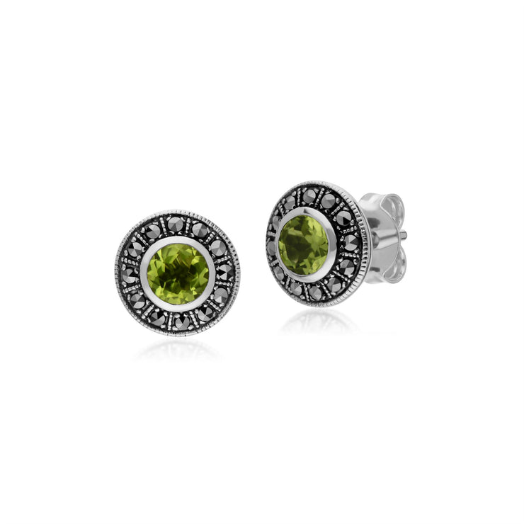 Orecchini a lobo e anello in stile Art Déco in argento 925 con peridoto e marcasite a grappolo rotondo