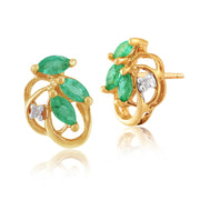 Ciondolo a foglia in stile Art Nouveau e orecchini in oro giallo 375 con smeraldo marquise e diamanti