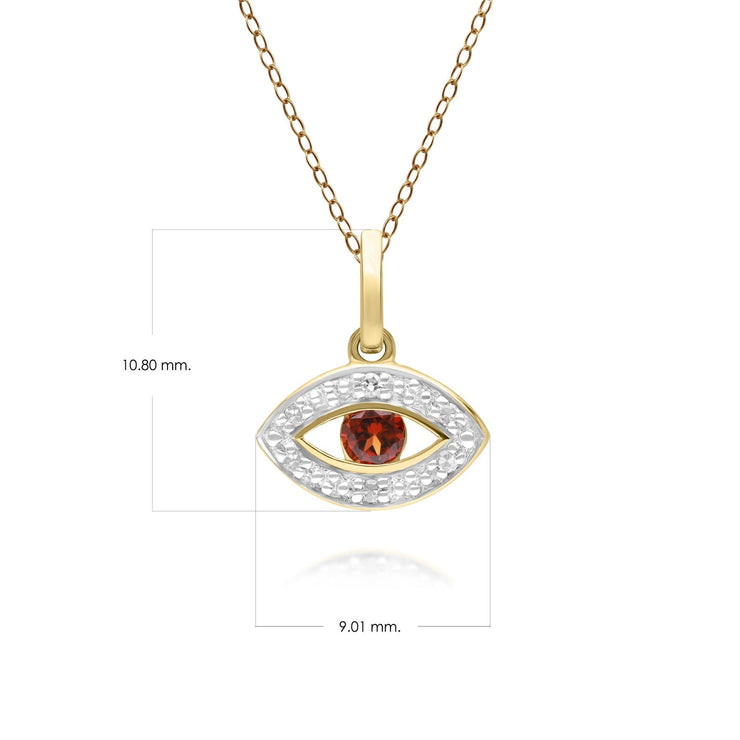 ECFEW™ Evil Eye Delicato pendente rotondo con granato e diamanti in oro giallo da 9 ct