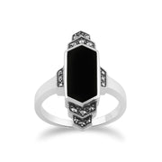 Anello Art Déco Gemondo, anello Art Déco in argento sterling 925 con onice nero e marcasite