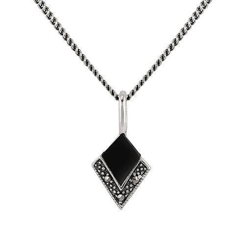 Collana e orecchini con ciondolo cervo volante in stile Art Déco, argento 925, onice nero e marcasite