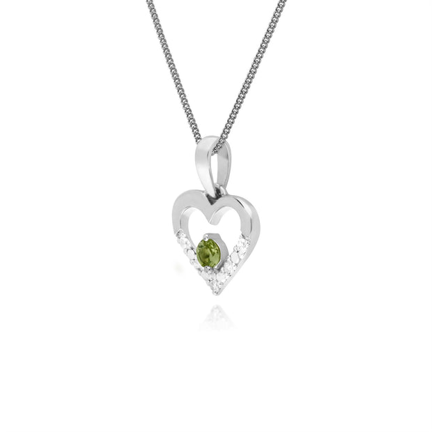 Ciondolo unico a forma di cuore con peridoto e diamanti in oro bianco da 9 ct su catena da 45 cm