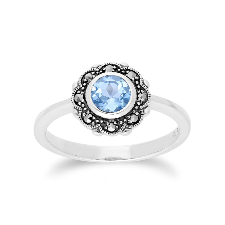 Anello Gemondo con topazio blu, anello floreale in argento con topazio blu e marcasite Art Nouveau - TOPAZIO