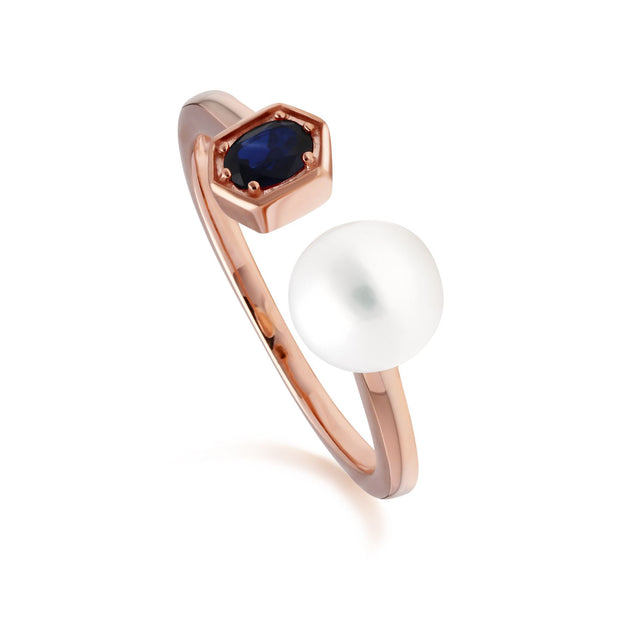 Anello aperto con perla moderna in argento 925 dorato con pregiata perla in oro rosa e zaffiro