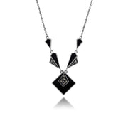 Collana e orecchini con pendente quadrato in stile Art Déco, argento 925, cabochon di onice nero e marcasite