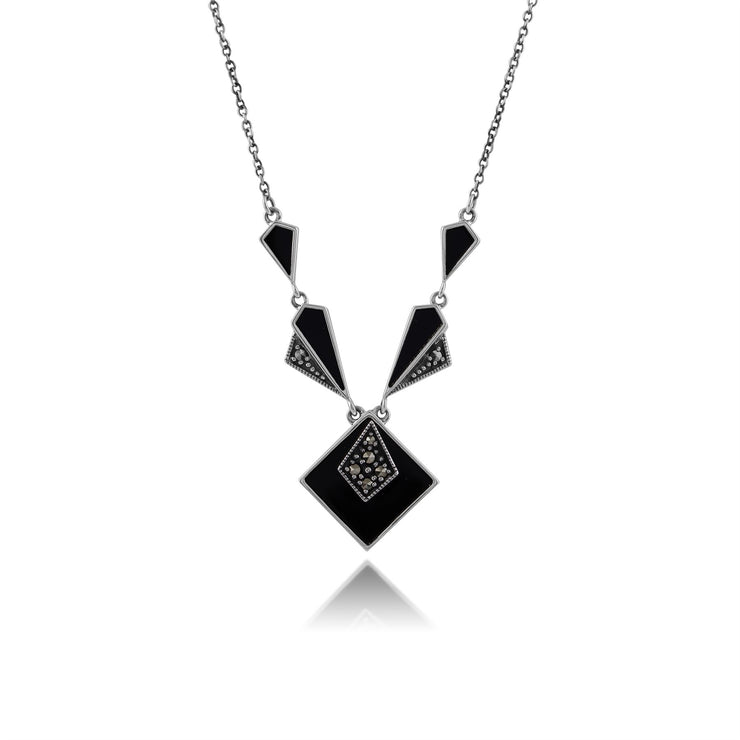 Collana e orecchini con pendente quadrato in stile Art Déco, argento 925, cabochon di onice nero e marcasite