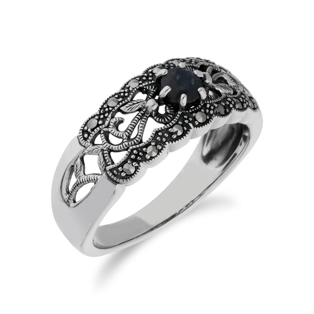 Anello Gemondo con zaffiro, anello semplice in argento sterling con zaffiro e marcasite in stile Art Nouveau - Zaffiro