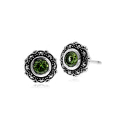 Orecchini floreali in stile Art Nouveau in argento 925 con peridoto rotondo e marcasite