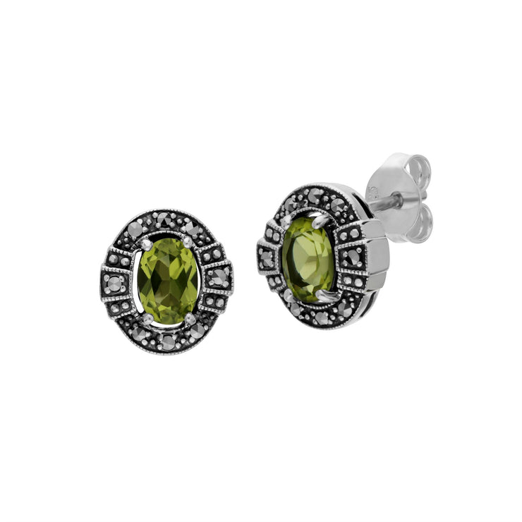 Orecchini a lobo e anello in stile Art Déco in argento 925 con peridoto e marcasite a grappolo ovale